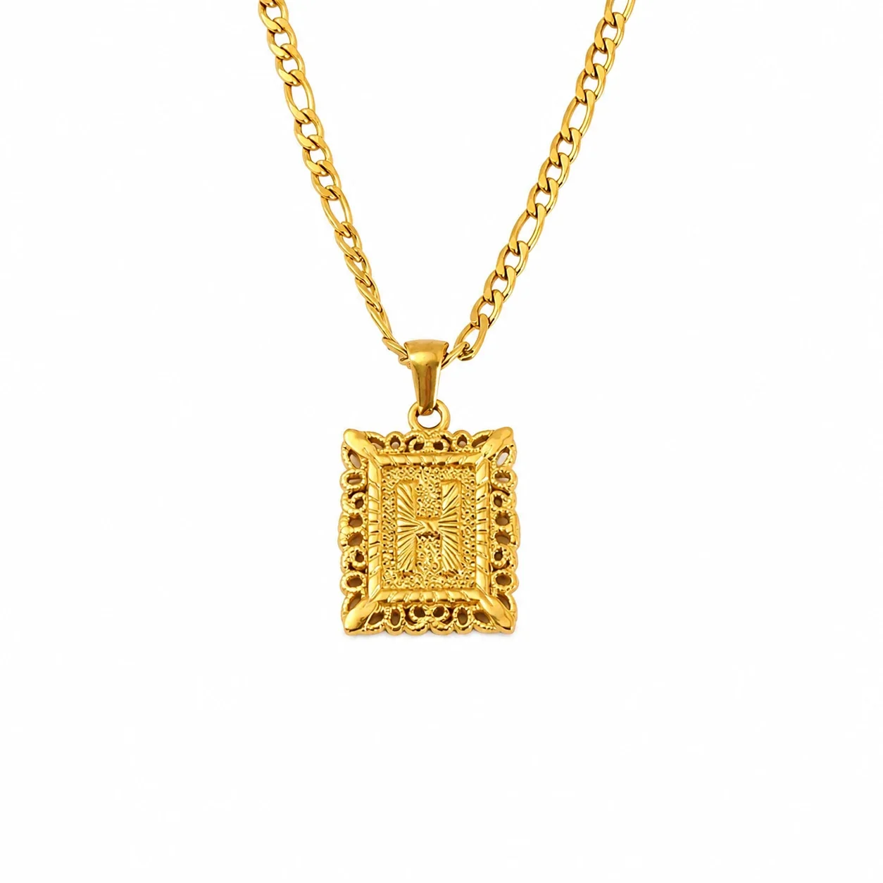 Ornate 18K Gold-Plated Square Initial Pendant Necklace - Gold H