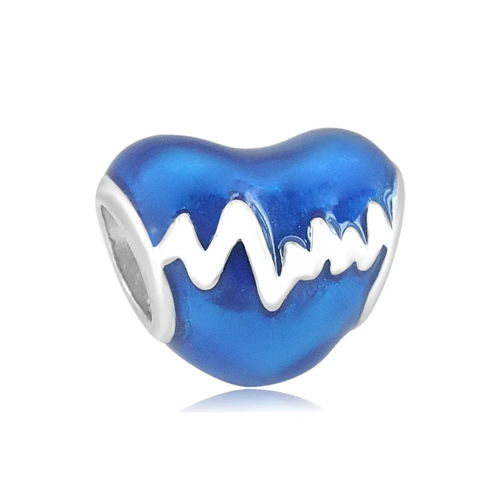 Playful Stainless Steel Enamel Charm Bead Assortment - Blue Heartbeat Heart
