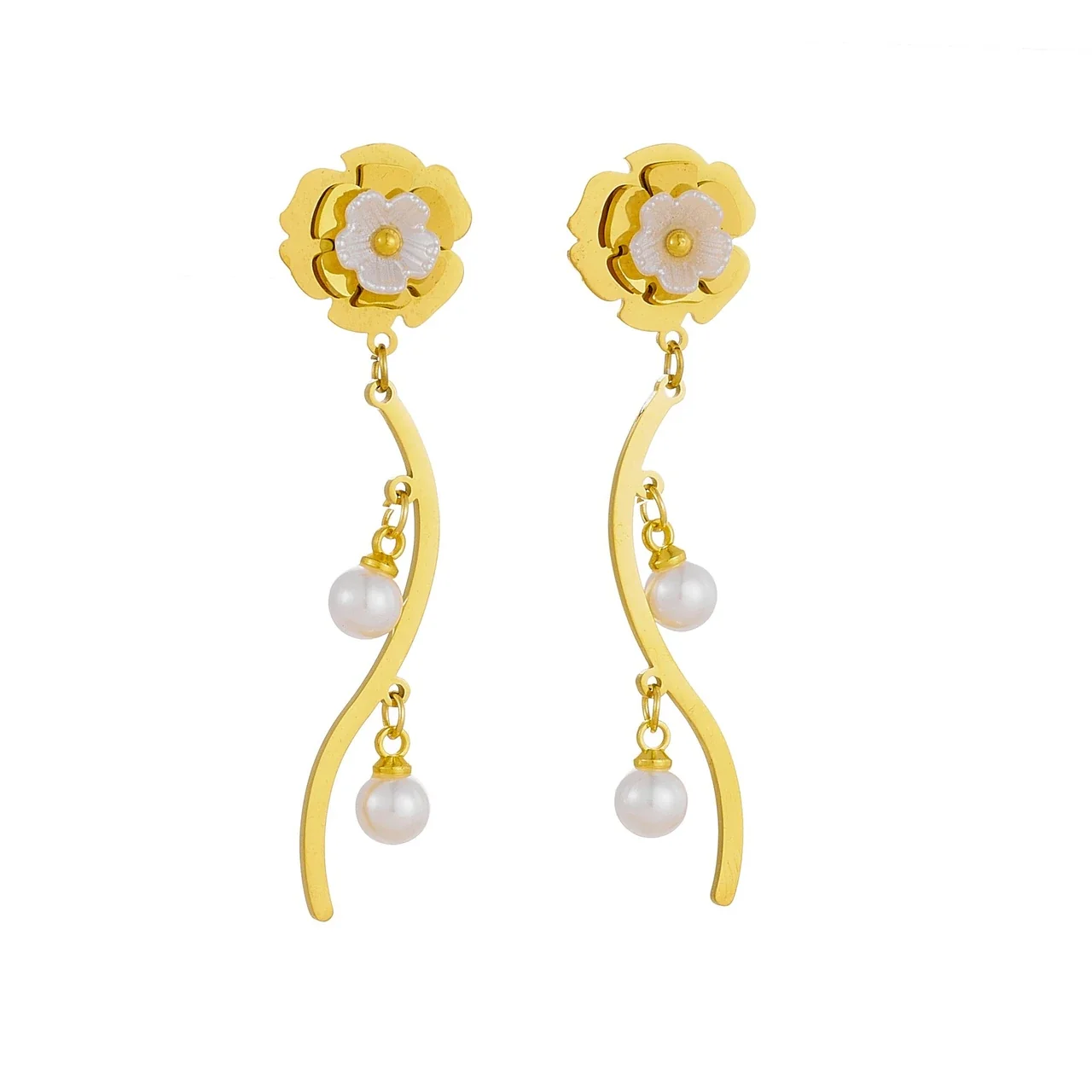 Drop Earrings with Floral Studs and Pearl-Effect Beads, Gold-Plated