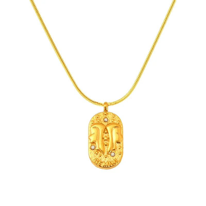 Celestial Gold-Plated Stainless Steel Oval Zodiac Necklace - Gold Gemini