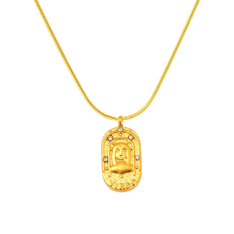 Celestial Gold-Plated Stainless Steel Oval Zodiac Necklace - Gold Virgo