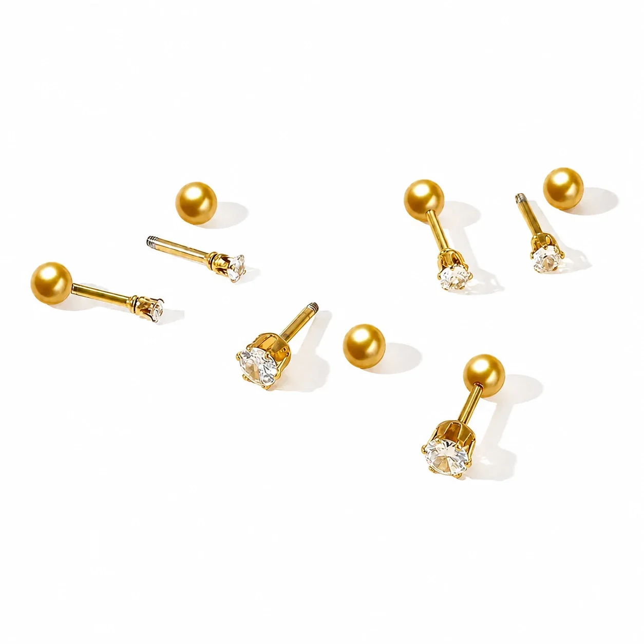 Sleek Gold-Plated Stainless Steel Ball Back Six-Prong CZ Stud Earrings