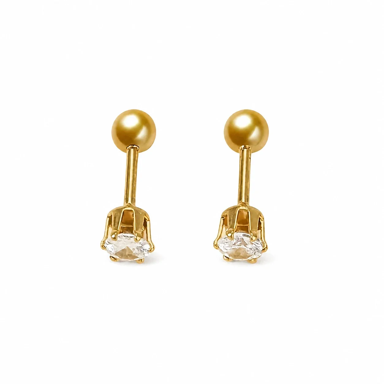 Sleek Gold-Plated Stainless Steel Ball Back Six-Prong CZ Stud Earrings - Gold Clear CZ