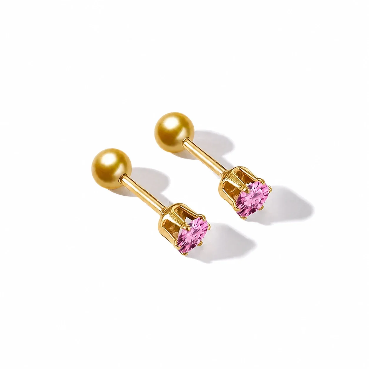 Sleek Gold-Plated Stainless Steel Ball Back Six-Prong CZ Stud Earrings - Gold Pink CZ