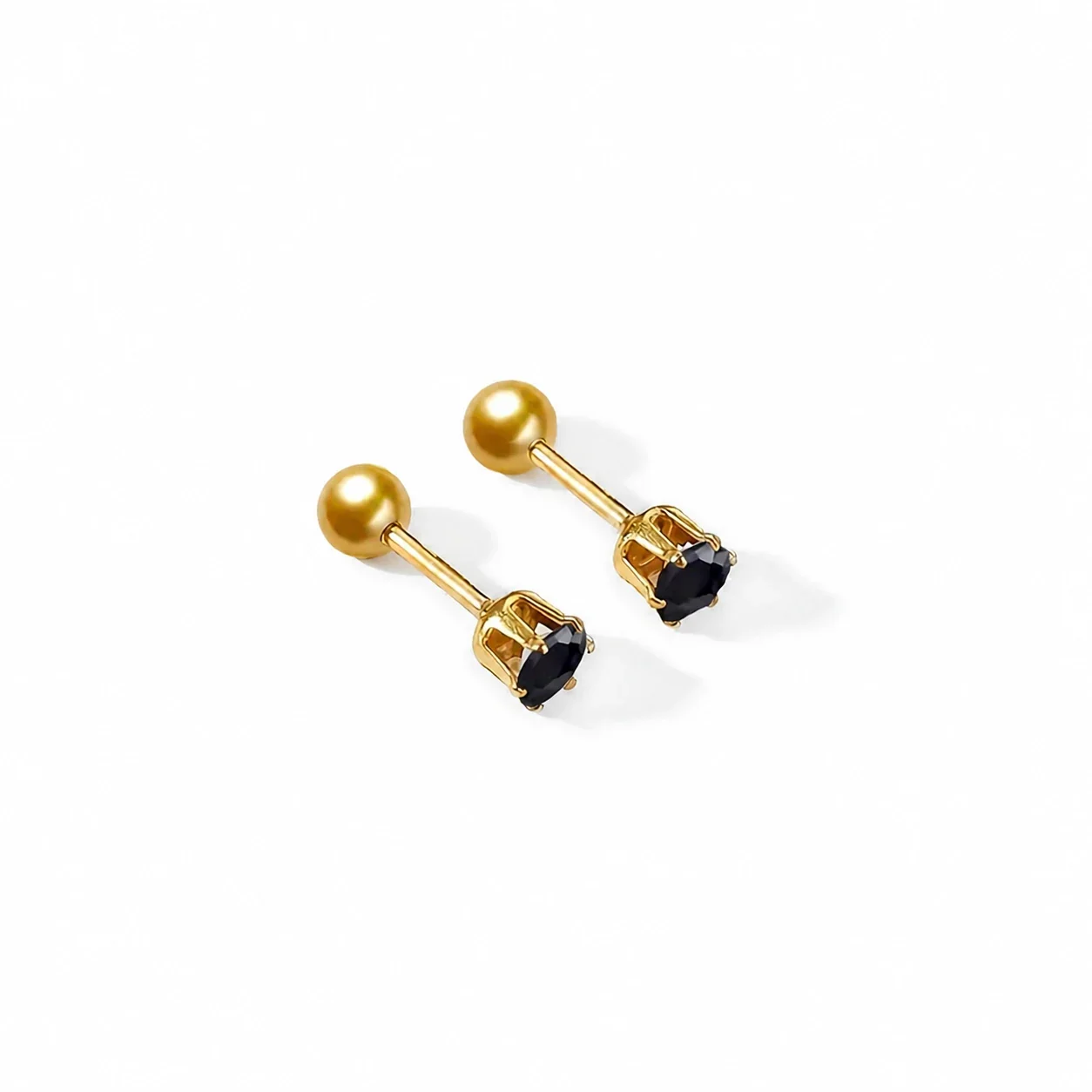 Sleek Gold-Plated Stainless Steel Ball Back Six-Prong CZ Stud Earrings - Gold Black CZ