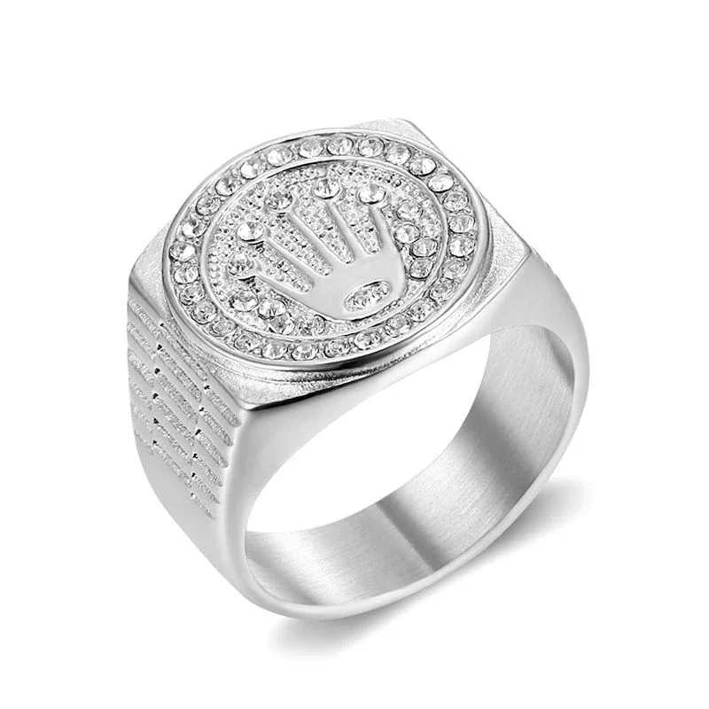 Anello chevalier, motivo corona con alone di cristalli, acciaio inossidabile 316
