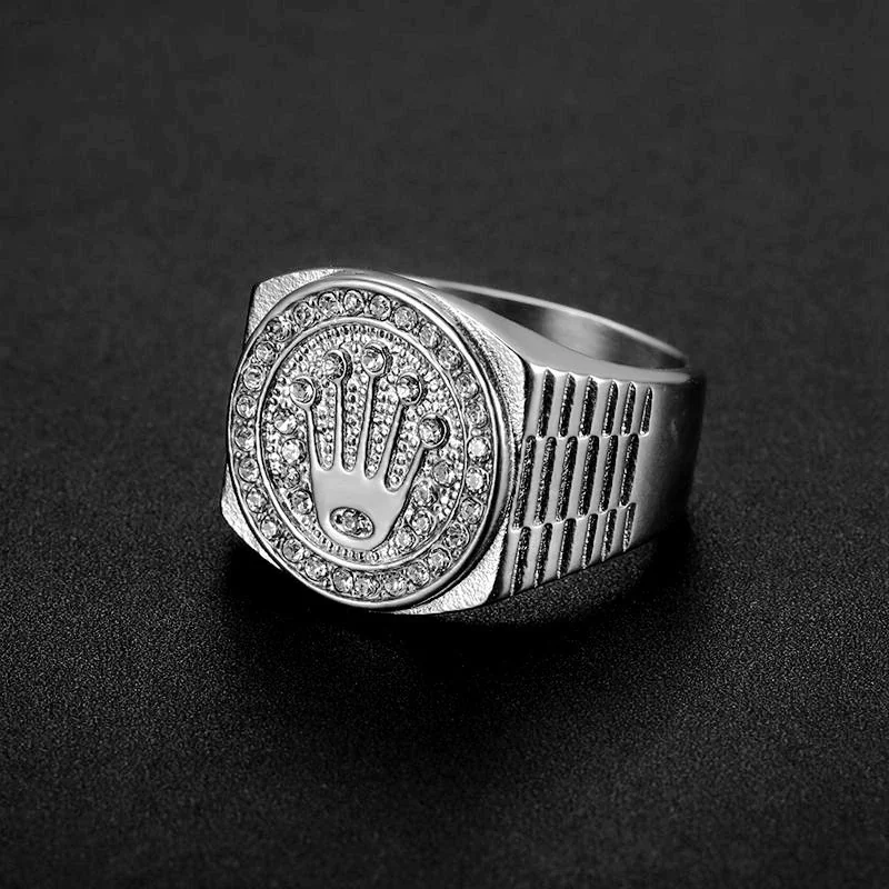 Foto del producto: Anillo de sello, motivo de corona con halo de cristales, acero inoxidable 316