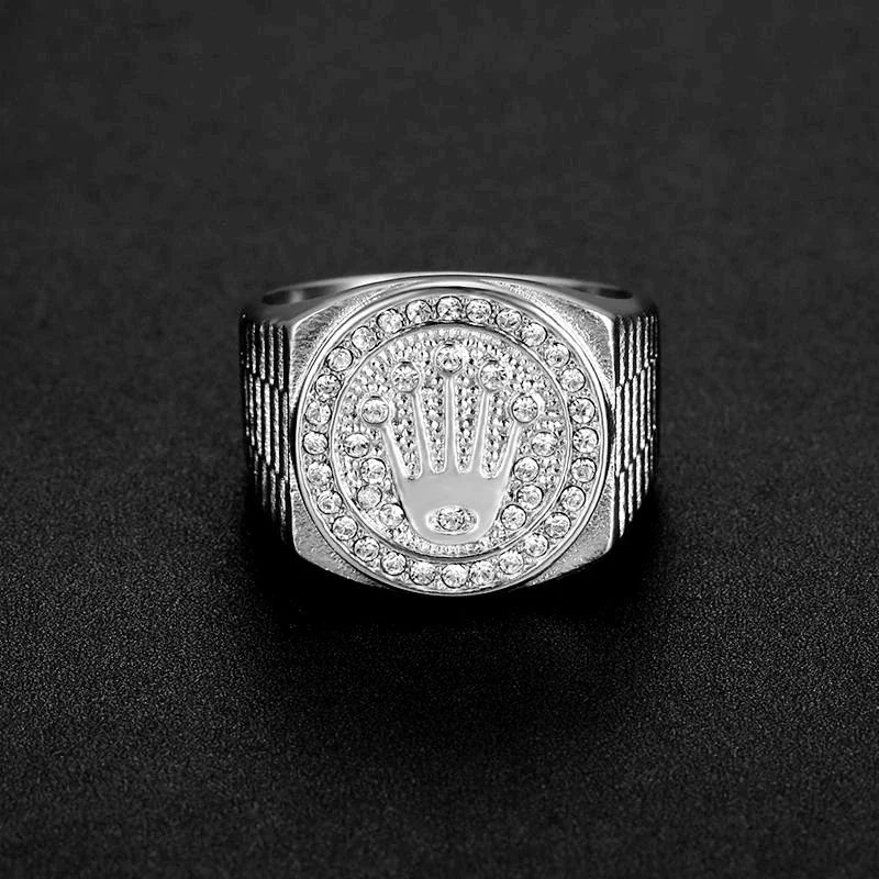 Foto del producto: Anillo de sello, motivo de corona con halo de cristales, acero inoxidable 316