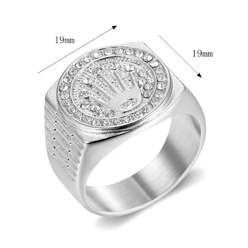 Foto del producto: Anillo de sello, motivo de corona con halo de cristales, acero inoxidable 316