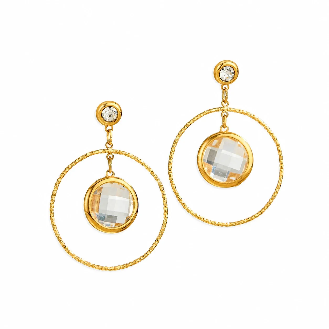 Textured Gold PVD 316L Stainless Steel Hoop Glass Stone Drop Earrings