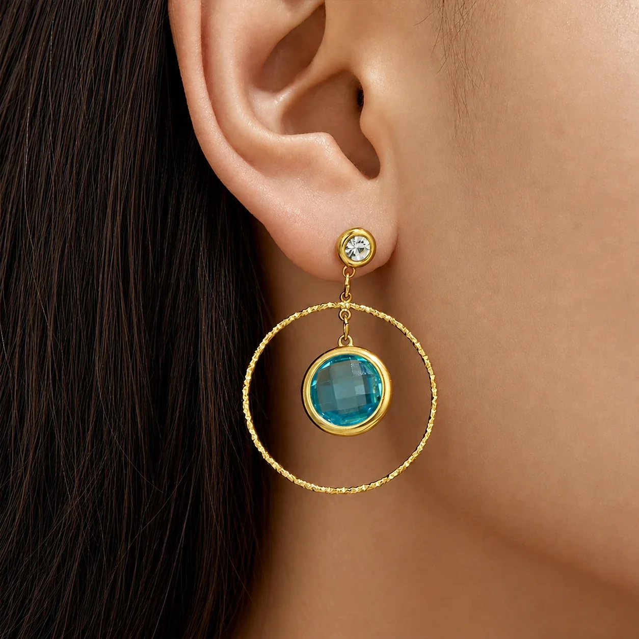 Textured Gold PVD 316L Hoop Glass Stone Drop Earrings