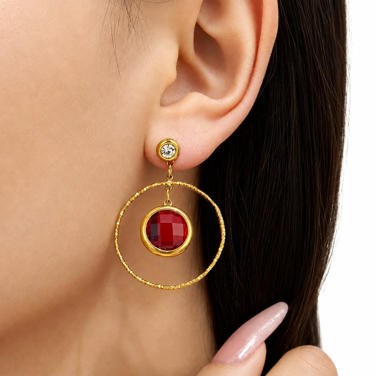Textured Gold PVD 316L Hoop Glass Stone Drop Earrings
