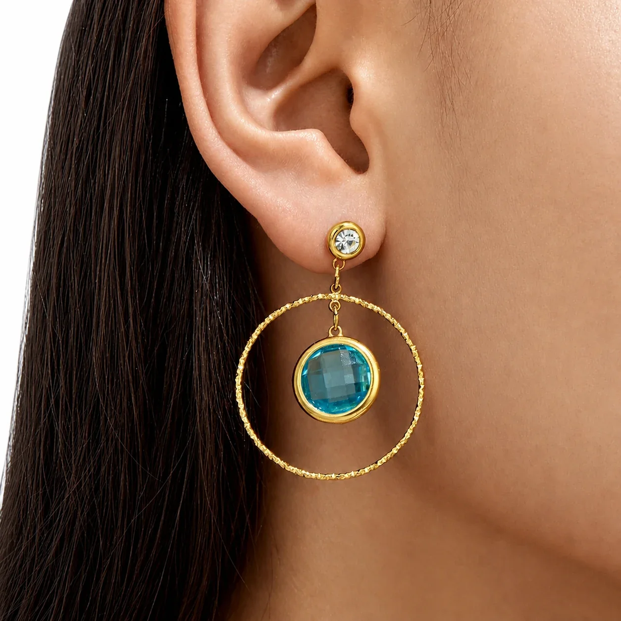 Textured Gold PVD 316L Hoop Glass Stone Drop Earrings