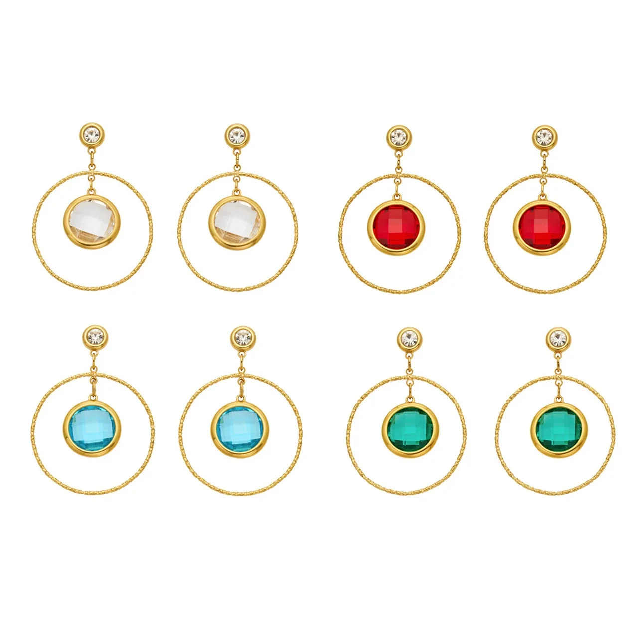 Textured Gold PVD 316L Hoop Glass Stone Drop Earrings