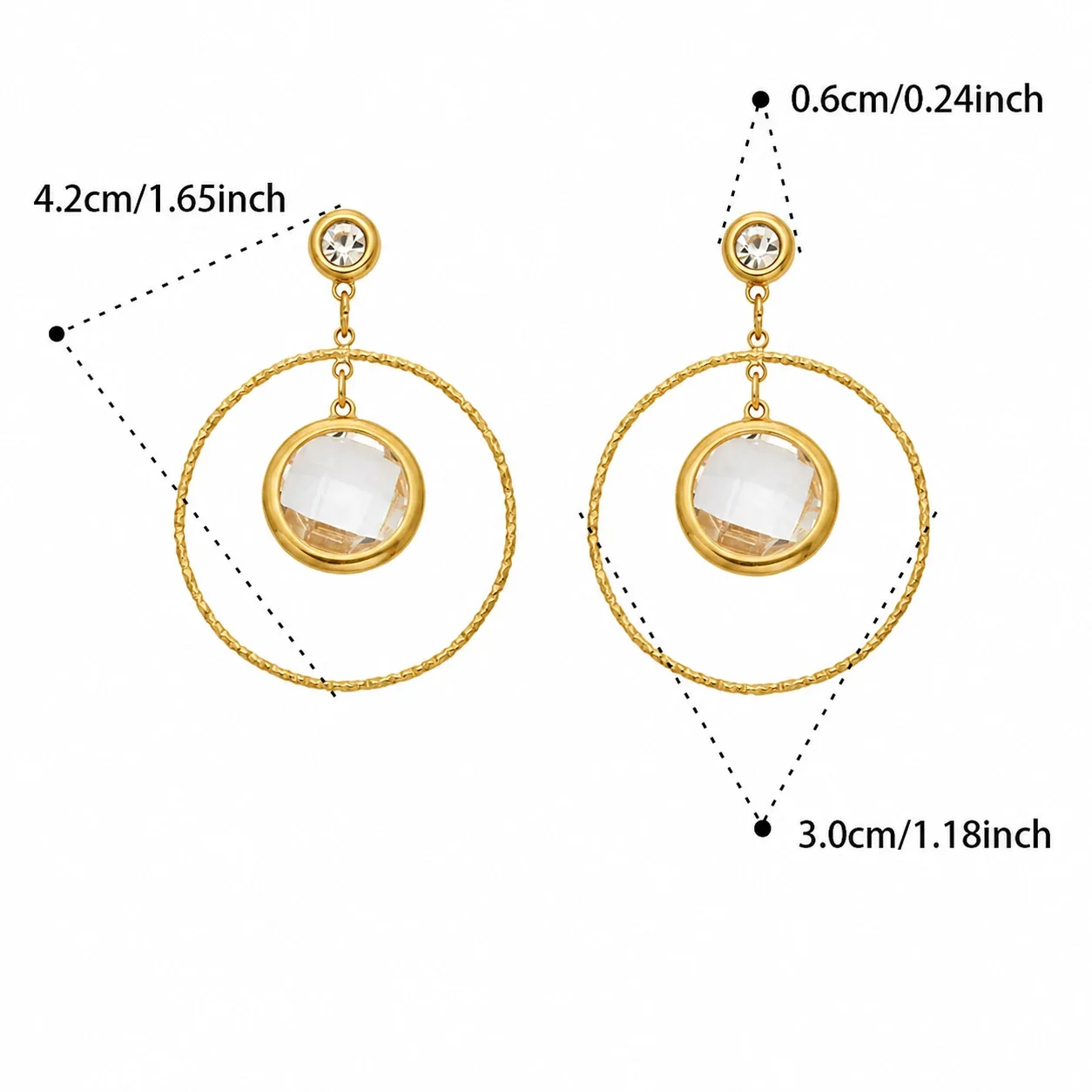 Textured Gold PVD 316L Hoop Glass Stone Drop Earrings - Gold Blue Glass Stone