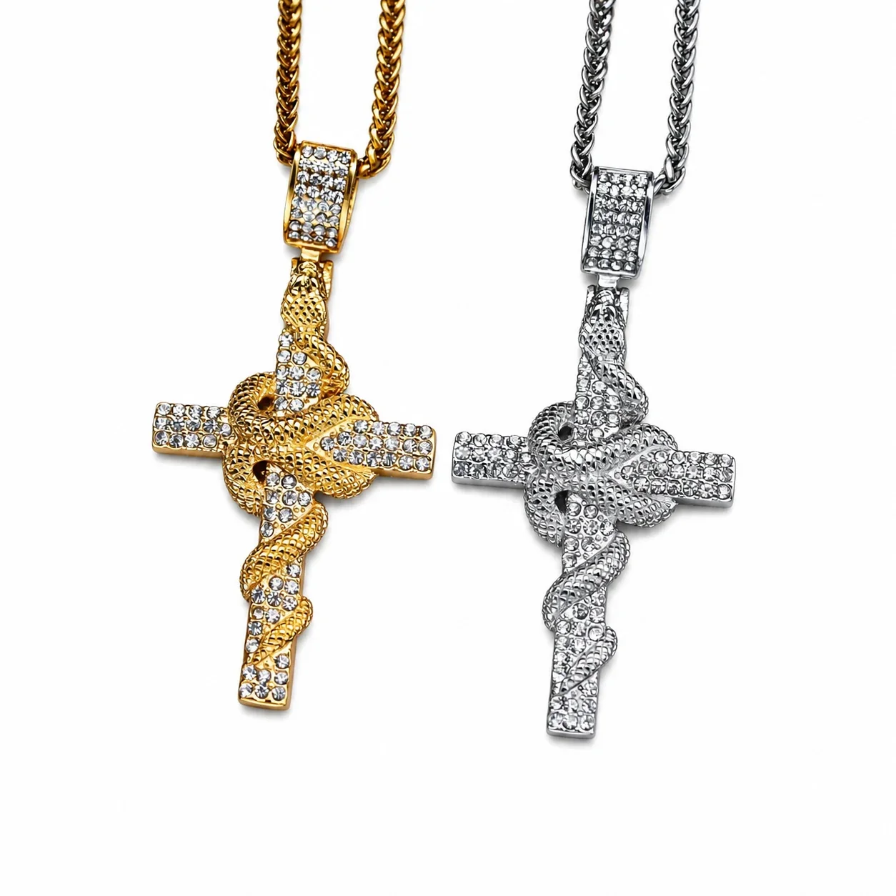 Pavé Snake Cross 18K Gold PVD 316 Stainless Steel Pendant