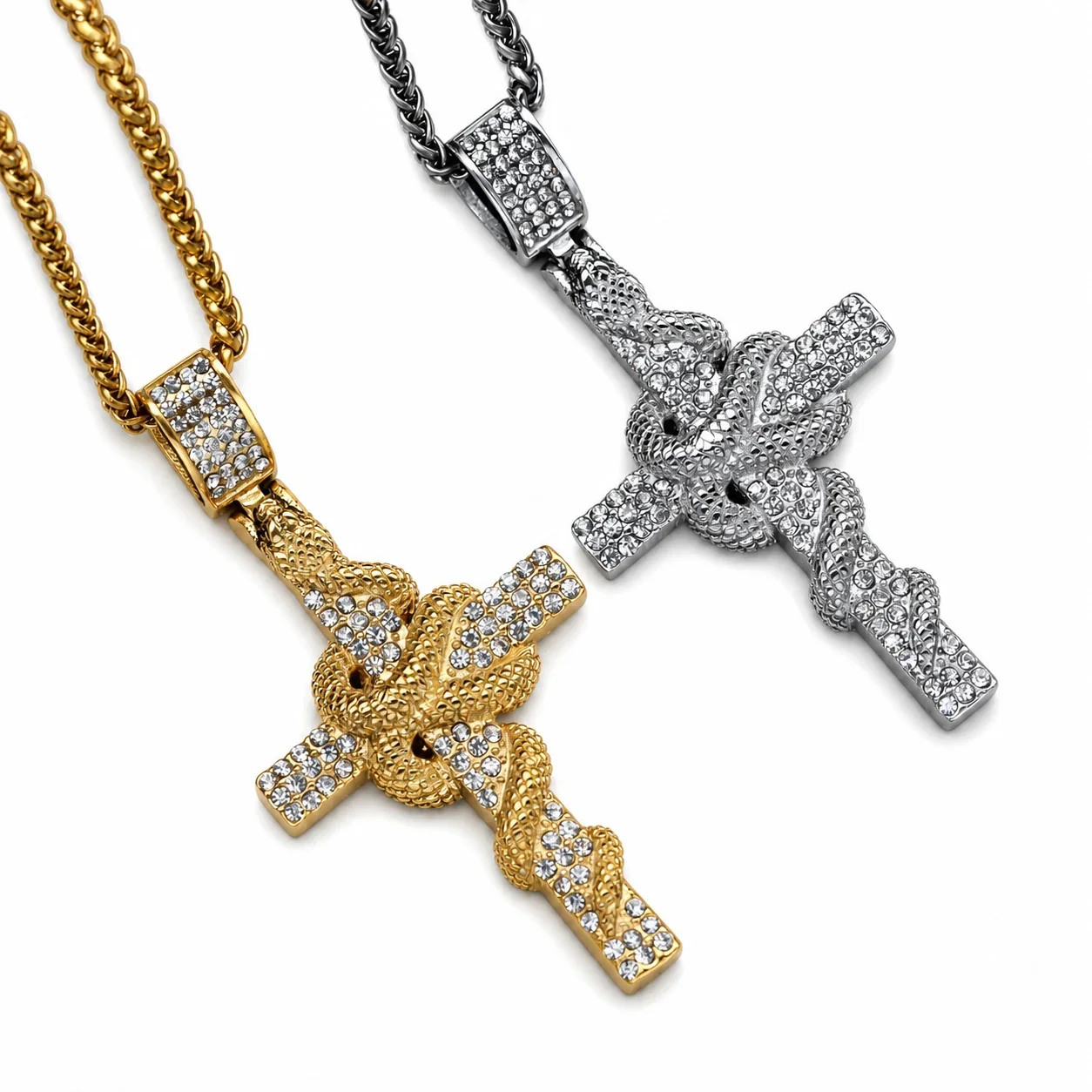 Pavé Snake Cross 18K Gold-Plated 316 Pendant