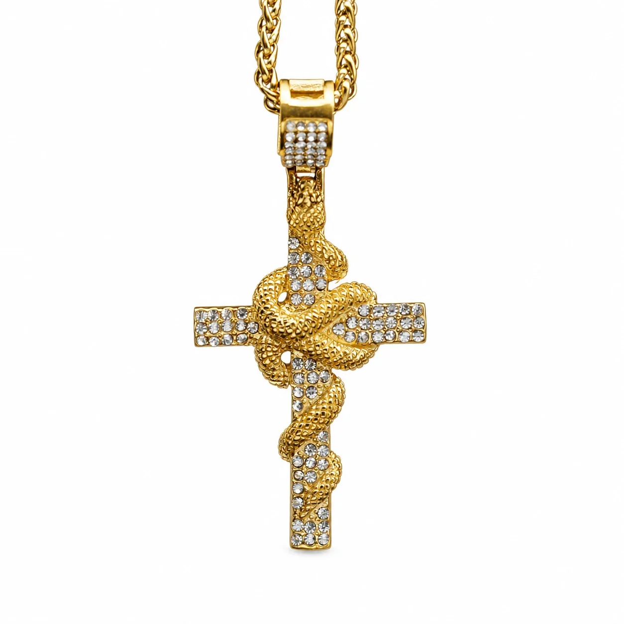 Pavé Snake Cross 18K Gold-Plated 316 Pendant