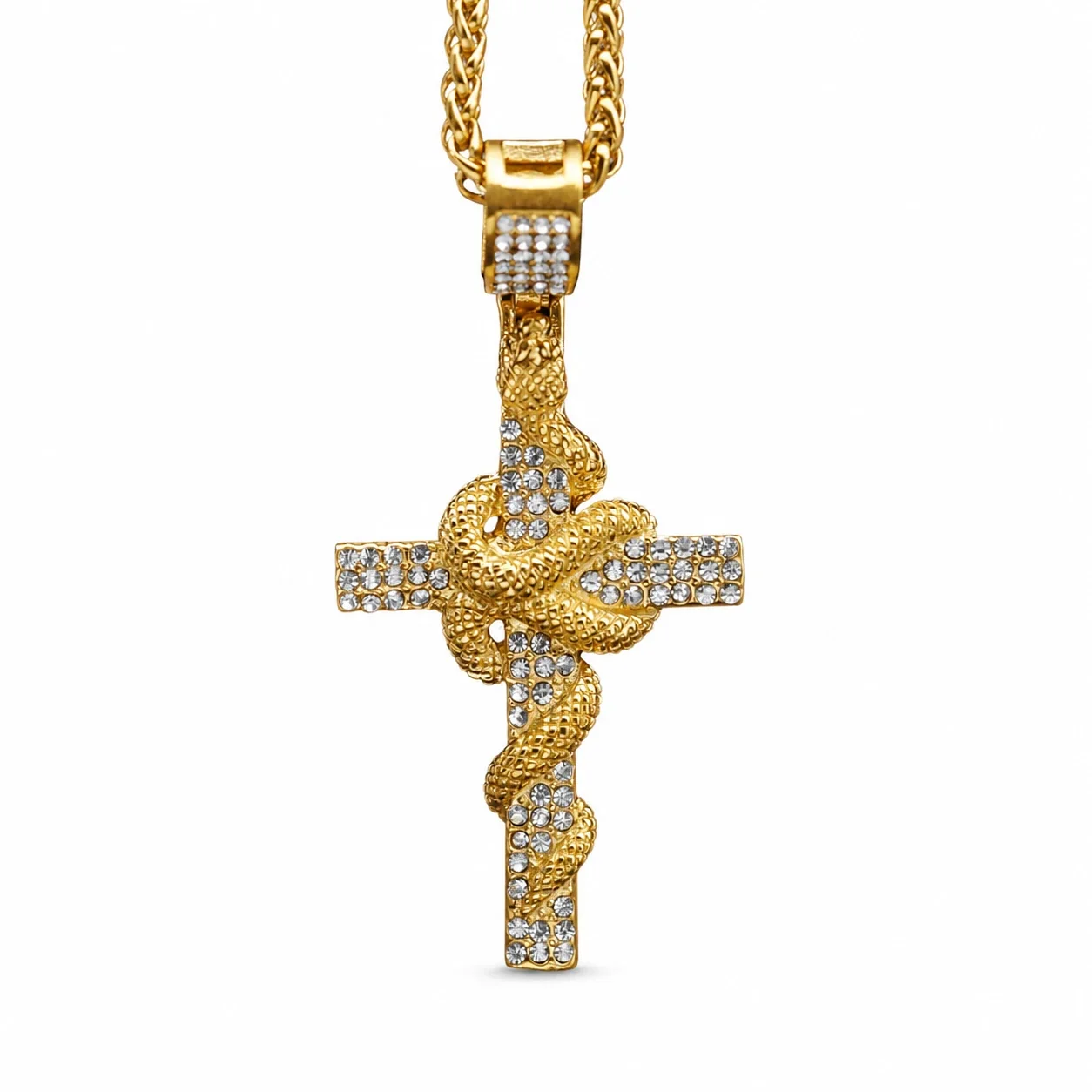 Pavé Snake Cross 18K Gold-Plated 316 Pendant - Gold