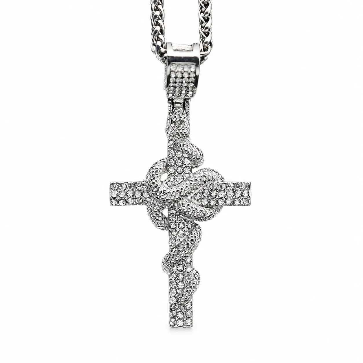 Pavé Snake Cross 18K Gold-Plated 316 Pendant - Silver