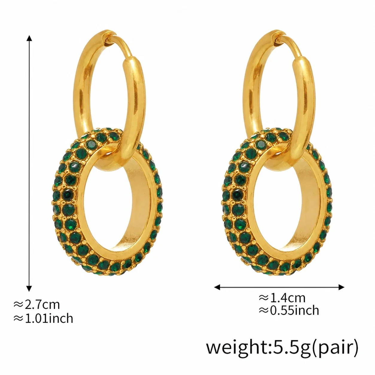Sculptural Gold-Plated Stainless Steel Pavé Hoop Earrings - Gold Green Crystal