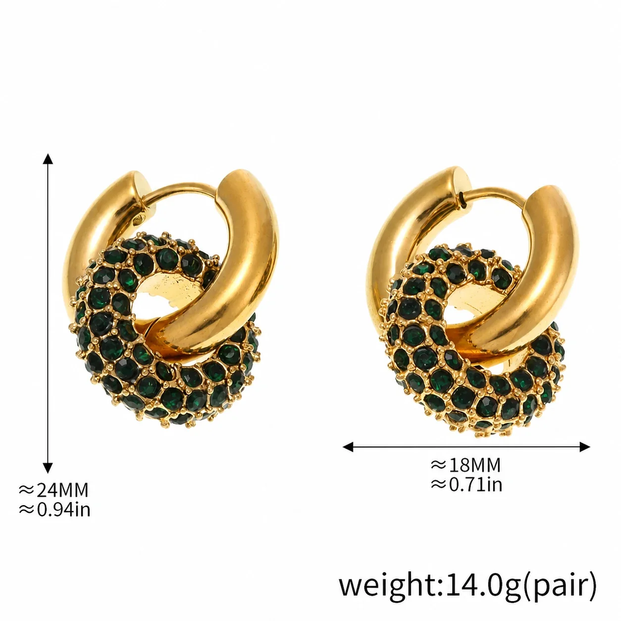 Sculptural Gold-Plated Stainless Steel Pavé Hoop Earrings - Gold Green CZ