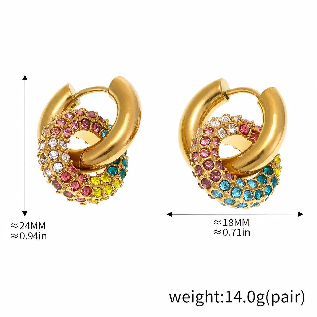 Sculptural Gold-Plated Stainless Steel Pavé Hoop Earrings - Gold Multicolor CZ
