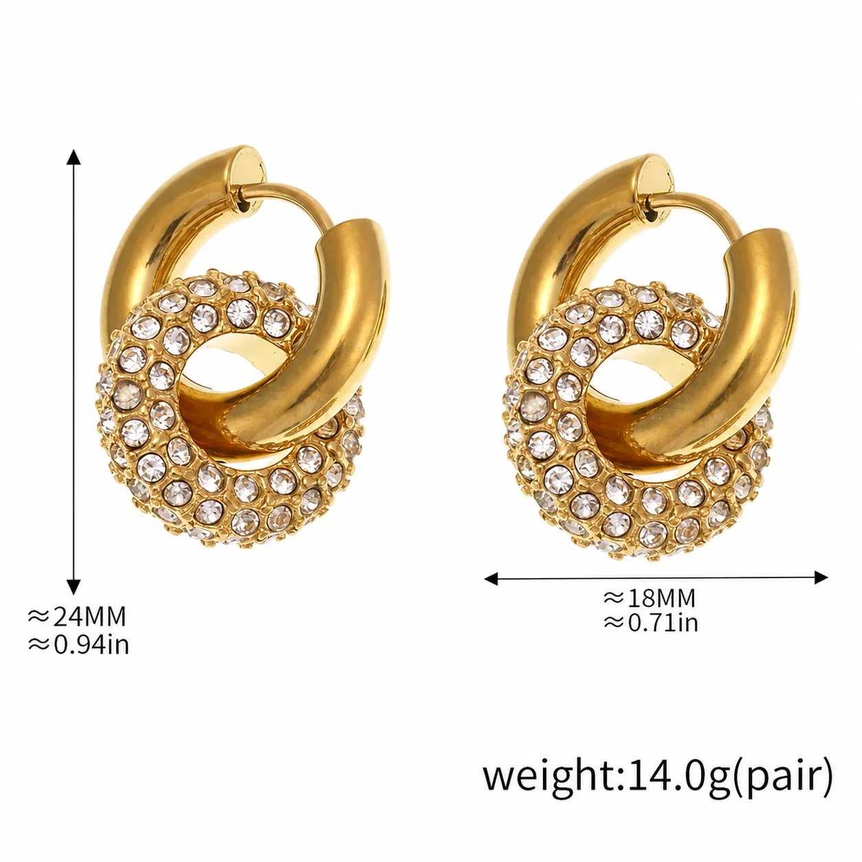 Sculptural Gold-Plated Stainless Steel Pavé Hoop Earrings - Gold Clear CZ