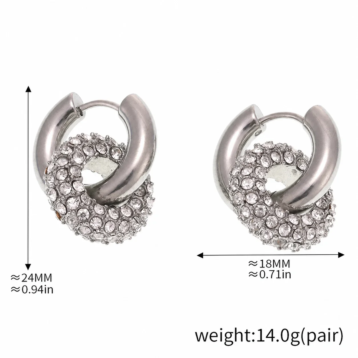 Sculptural Gold-Plated Stainless Steel Pavé Hoop Earrings - Silver Clear CZ