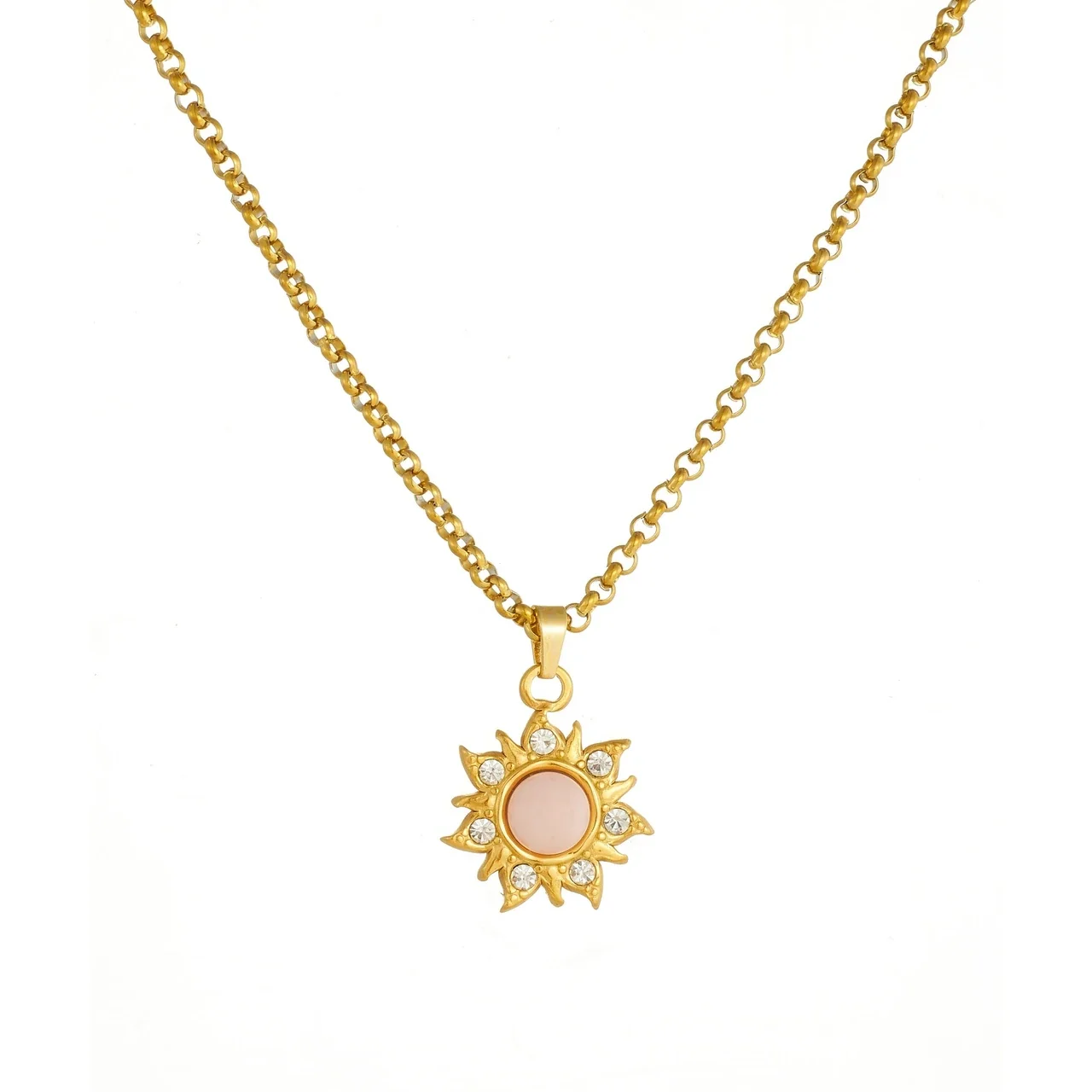 Sun Pendant Necklace Pink Cabochon Crystal Gold-Plated Steel