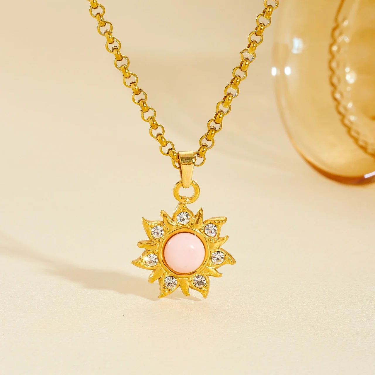 Sun Pendant Necklace Pink Cabochon Crystal Gold-Plated Steel