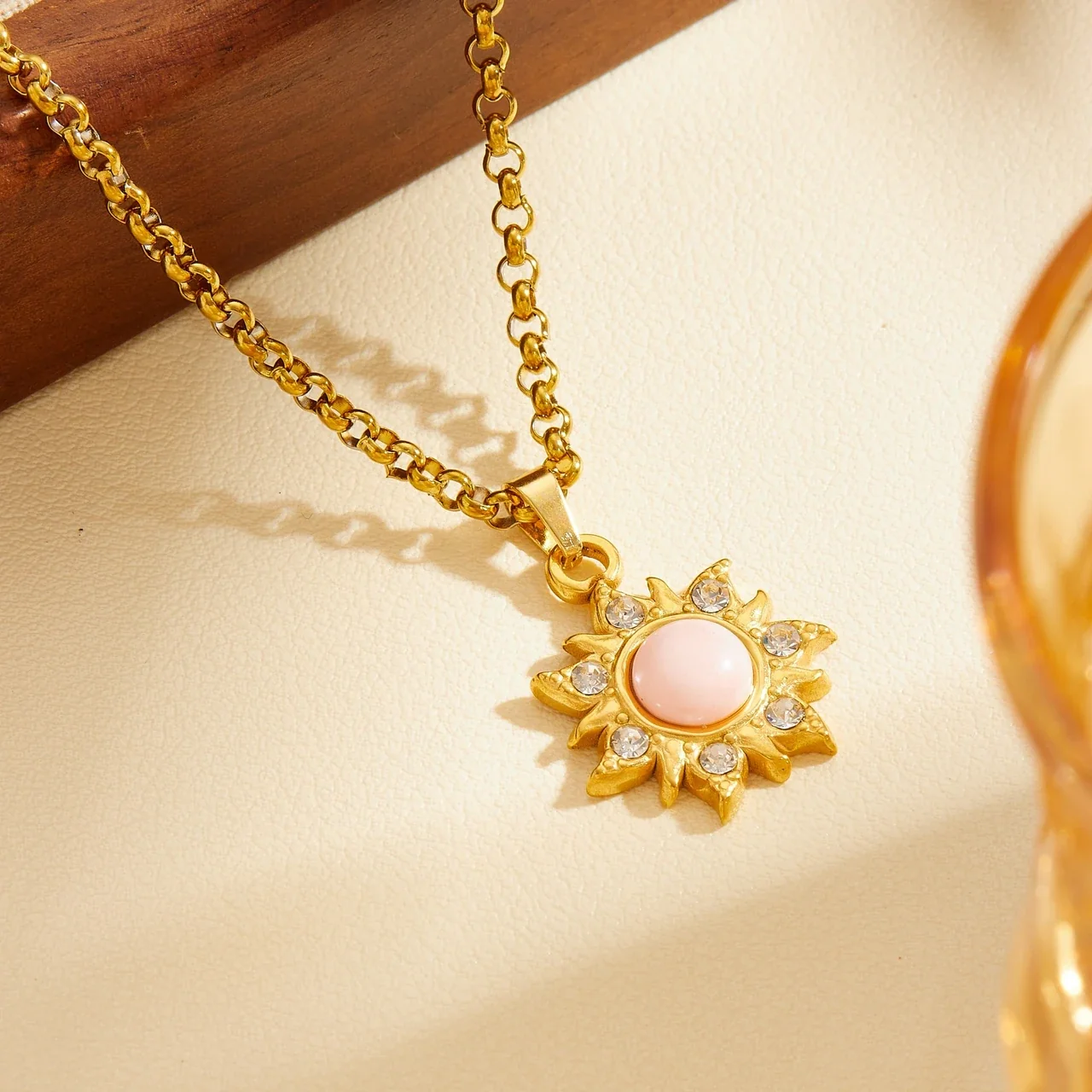 Sun Pendant Necklace Pink Cabochon Crystal Gold-Plated Steel