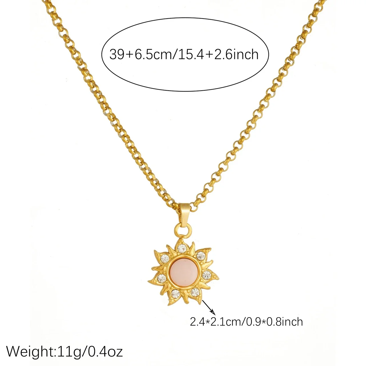 Sun Pendant Necklace Pink Cabochon Crystal Gold-Plated Steel