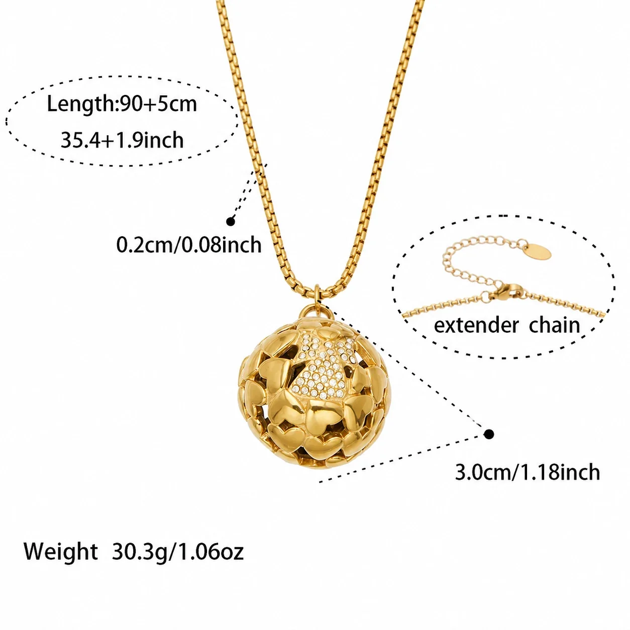 Bell Orb 18K Gold-Plated 316L CZ Box Chain Necklace - Gold 90+5 cm