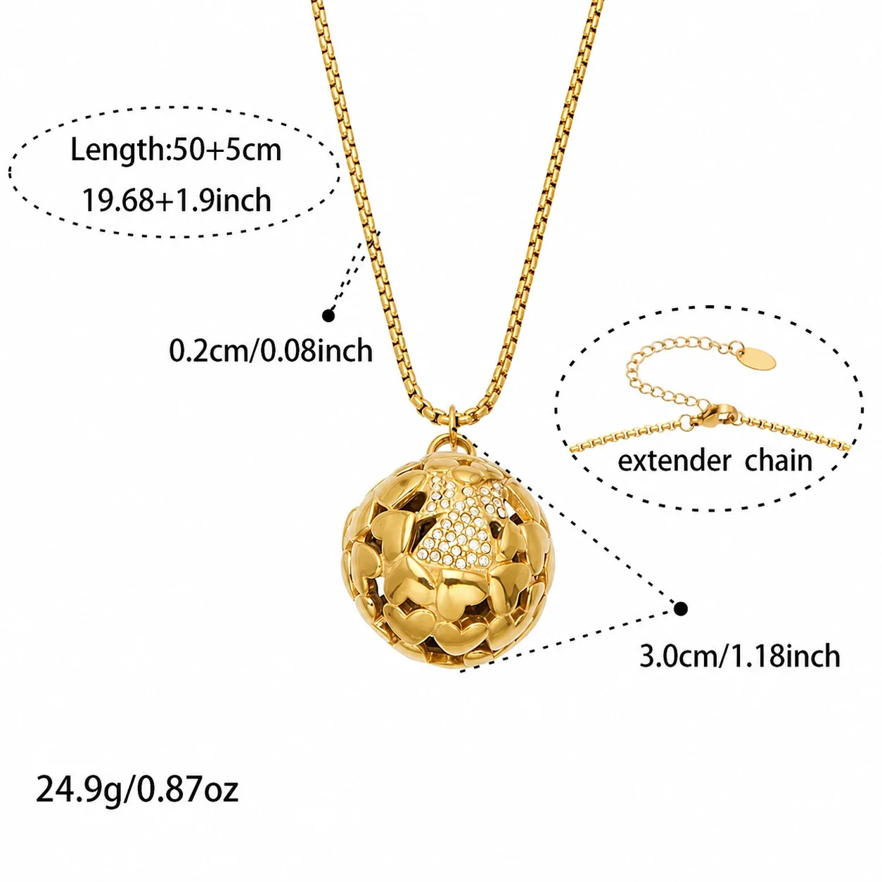 Bell Orb 18K Gold-Plated 316L CZ Box Chain Necklace - Silver 50+5 cm