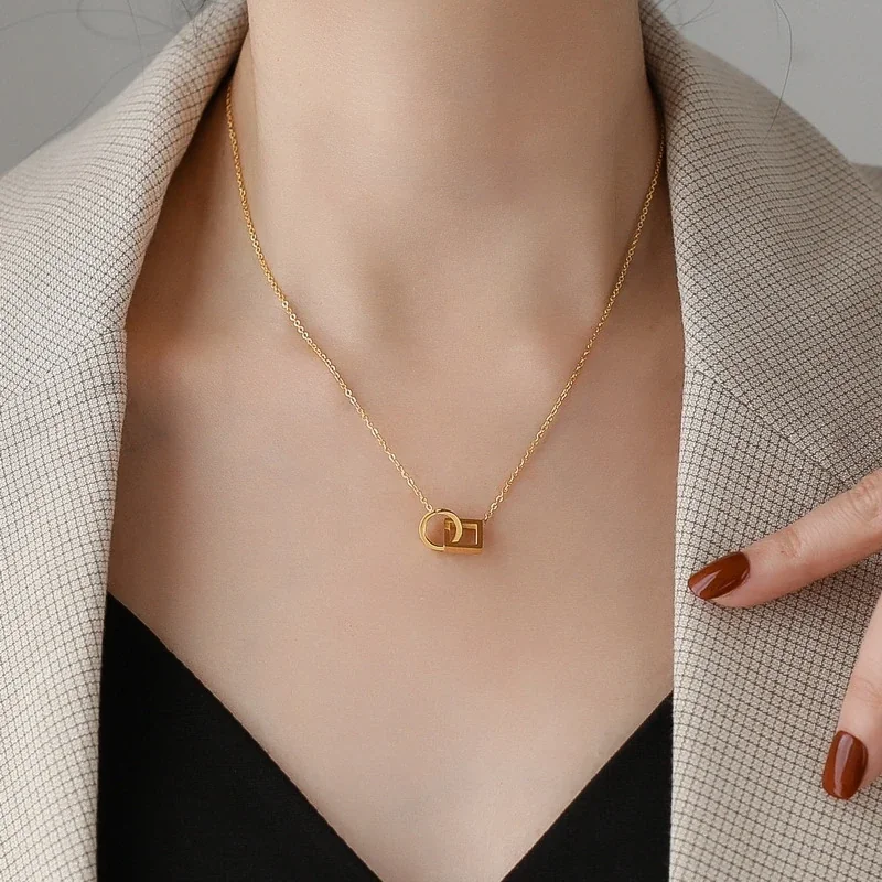 Pendant Necklace with Geometric Crystal Accents, Stainless Steel