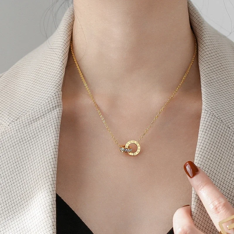 Pendant Necklace with Geometric Crystal Accents, Stainless Steel