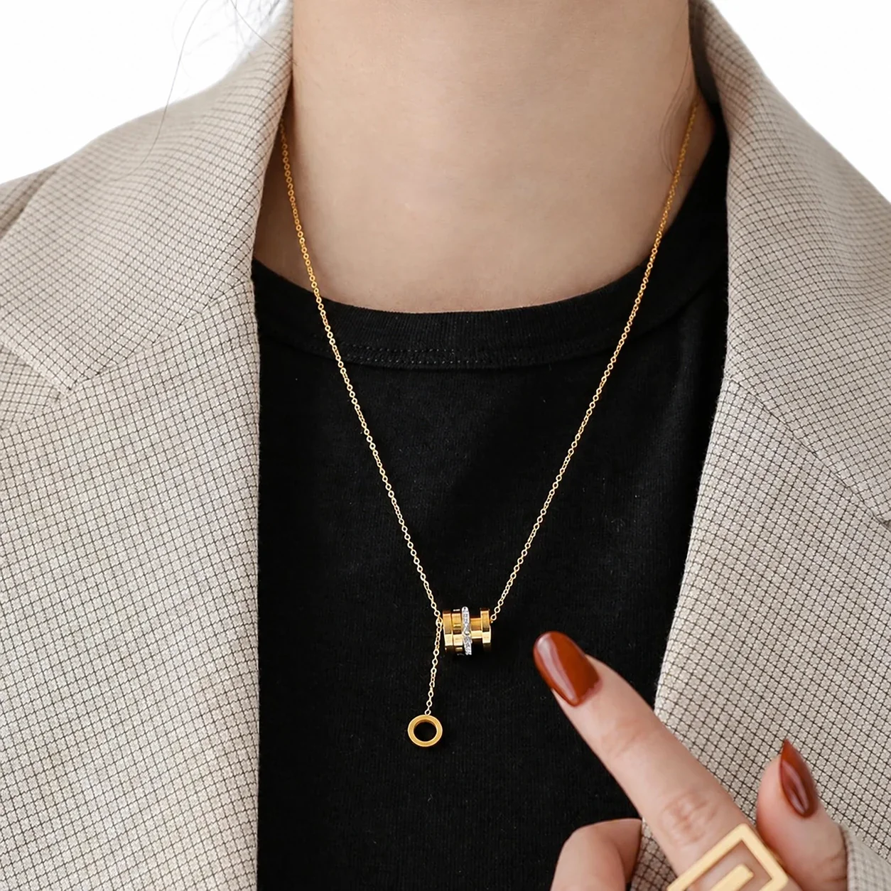 Pendant Necklace with Geometric Crystal Accents, Stainless Steel - Gold Cylinder Tassel