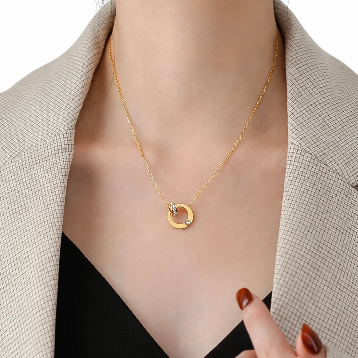 Pendant Necklace with Geometric Crystal Accents, Stainless Steel - Gold Single Crystal