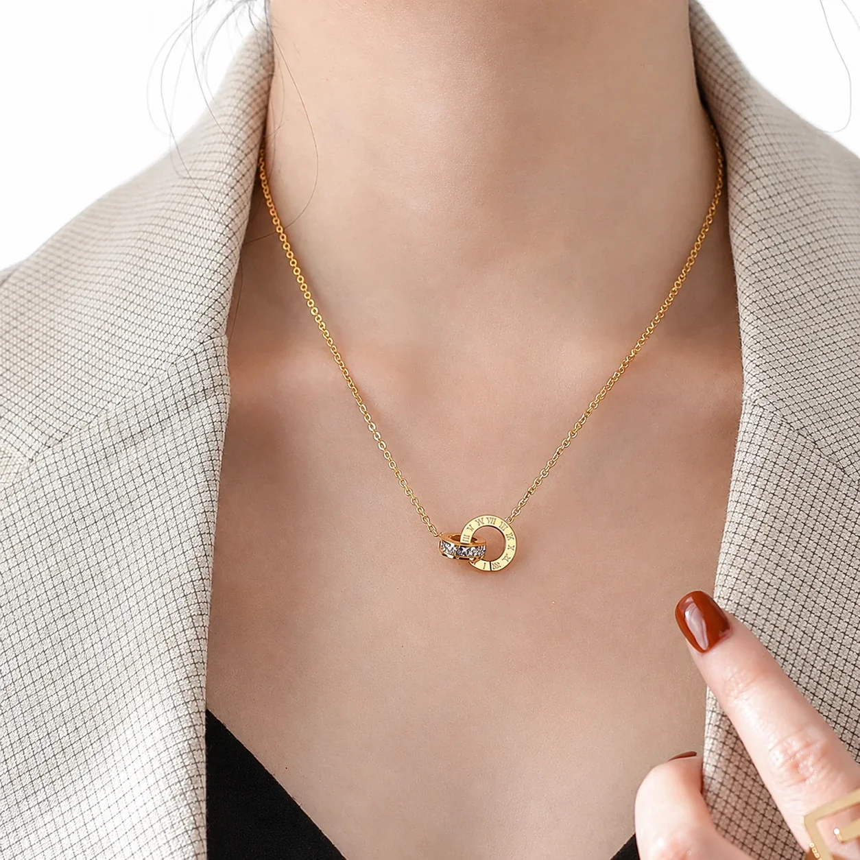 Pendant Necklace with Geometric Crystal Accents, Stainless Steel - Gold Roman Double