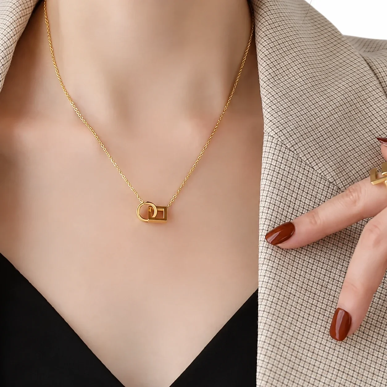 Pendant Necklace with Geometric Crystal Accents, Stainless Steel - Gold Square and Round