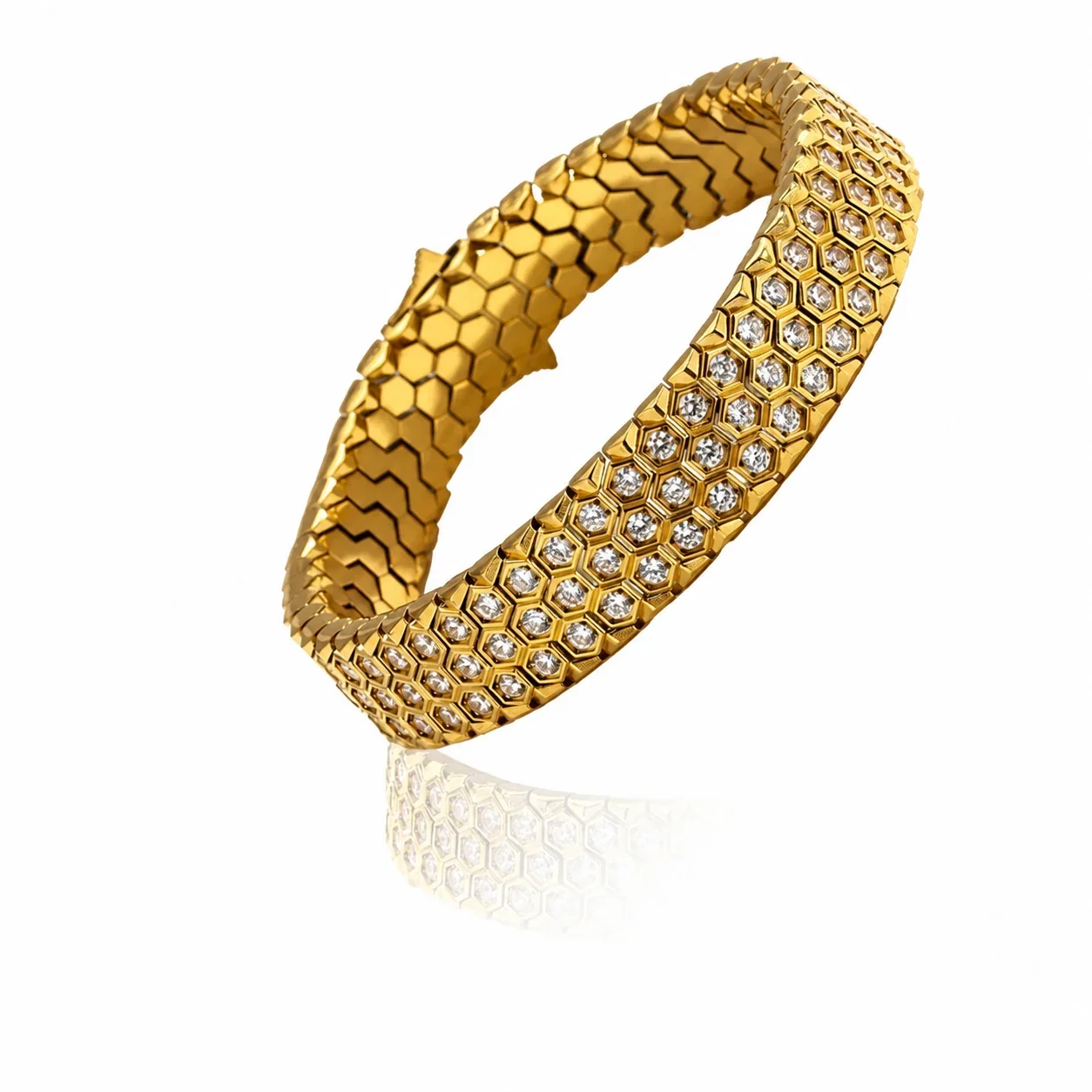 Bold 316 Stainless Steel Honeycomb CZ Bracelet - Gold Honeycomb CZ Clasp