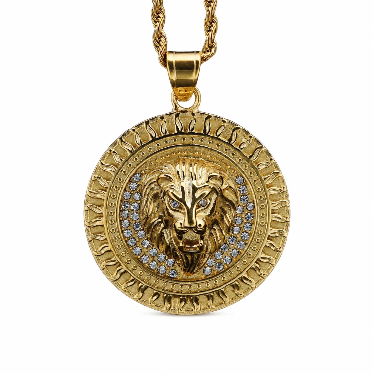 Lion Medallion 316 Stainless Steel Flame Rim Pendant - Gold White Eyes Only