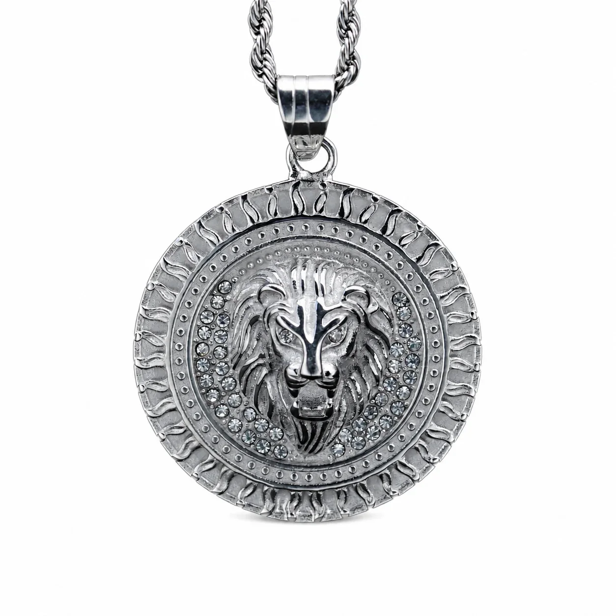 Lion Medallion 316 Stainless Steel Flame Rim Pendant - Silver White Eyes Only