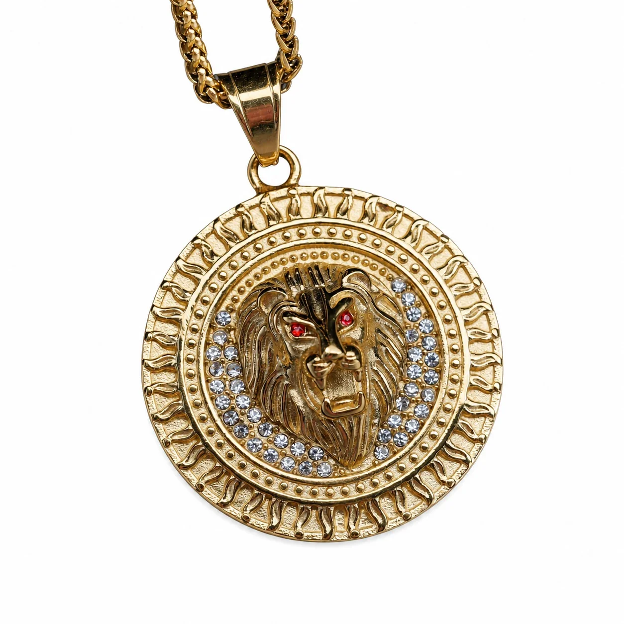 Lion Medallion 316 Stainless Steel Flame Rim Pendant - Gold Red Eyes Only