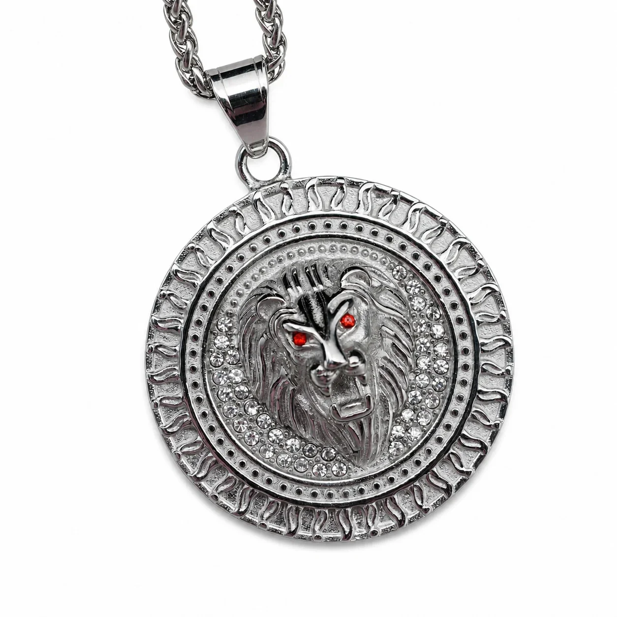 Lion Medallion 316 Stainless Steel Flame Rim Pendant - Silver Red Eyes Only
