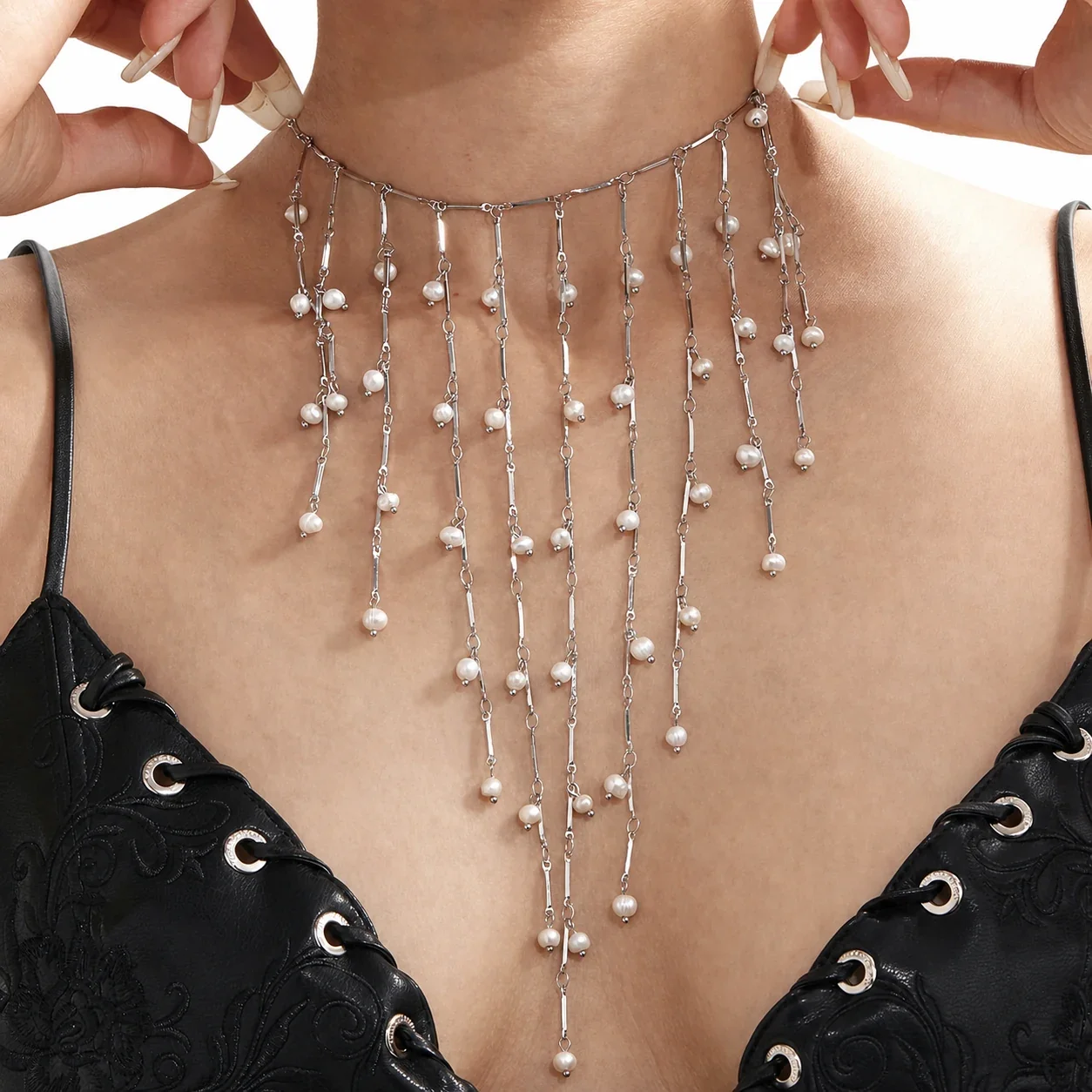 Romantic Stainless Steel Bead-Chain Tassel Fringe Choker