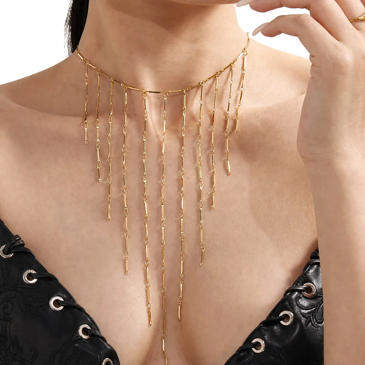 Romantic Stainless Steel Bead-Chain Tassel Fringe Choker