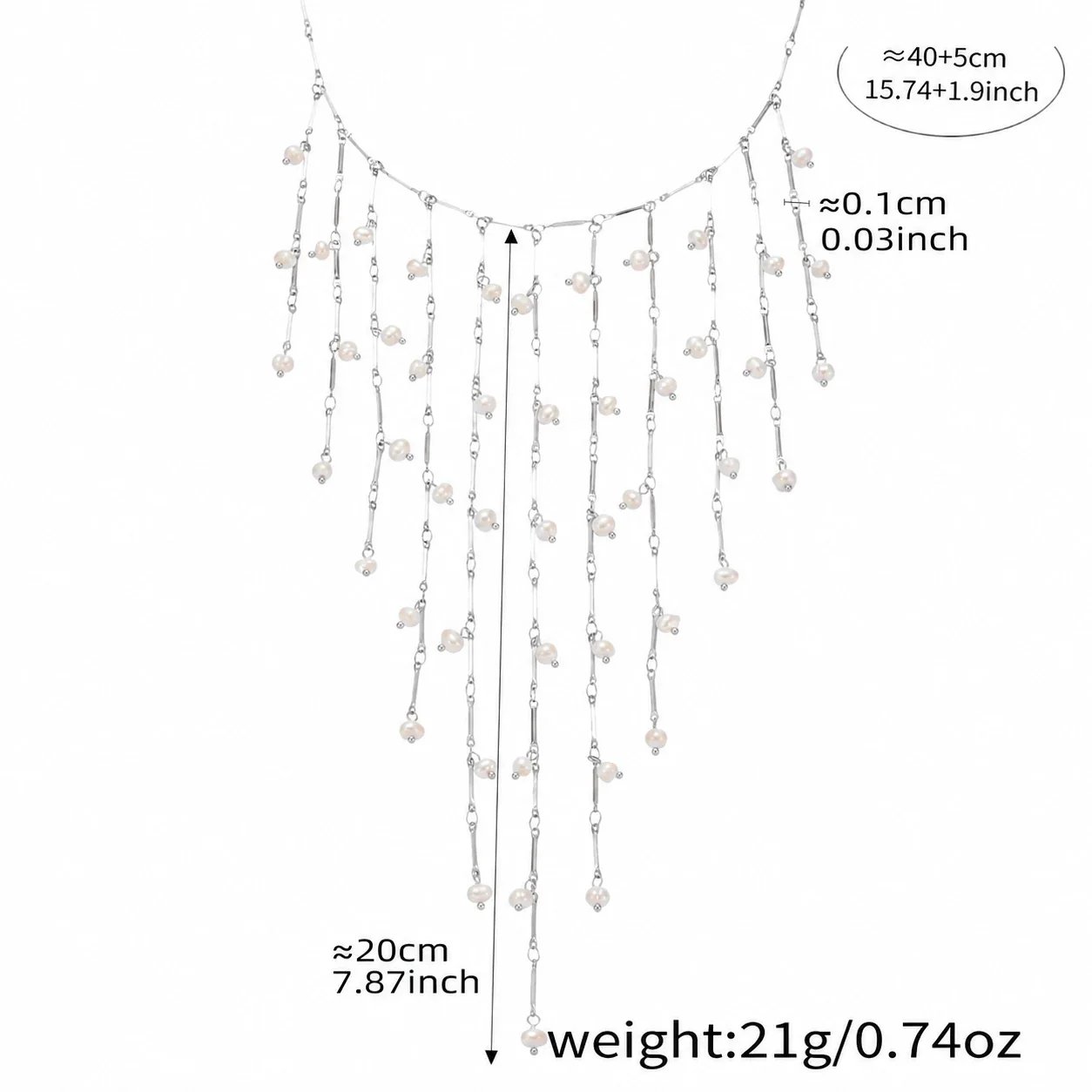 Romantic Stainless Steel Bead-Chain Tassel Fringe Choker - Silver Freshwater Pearl