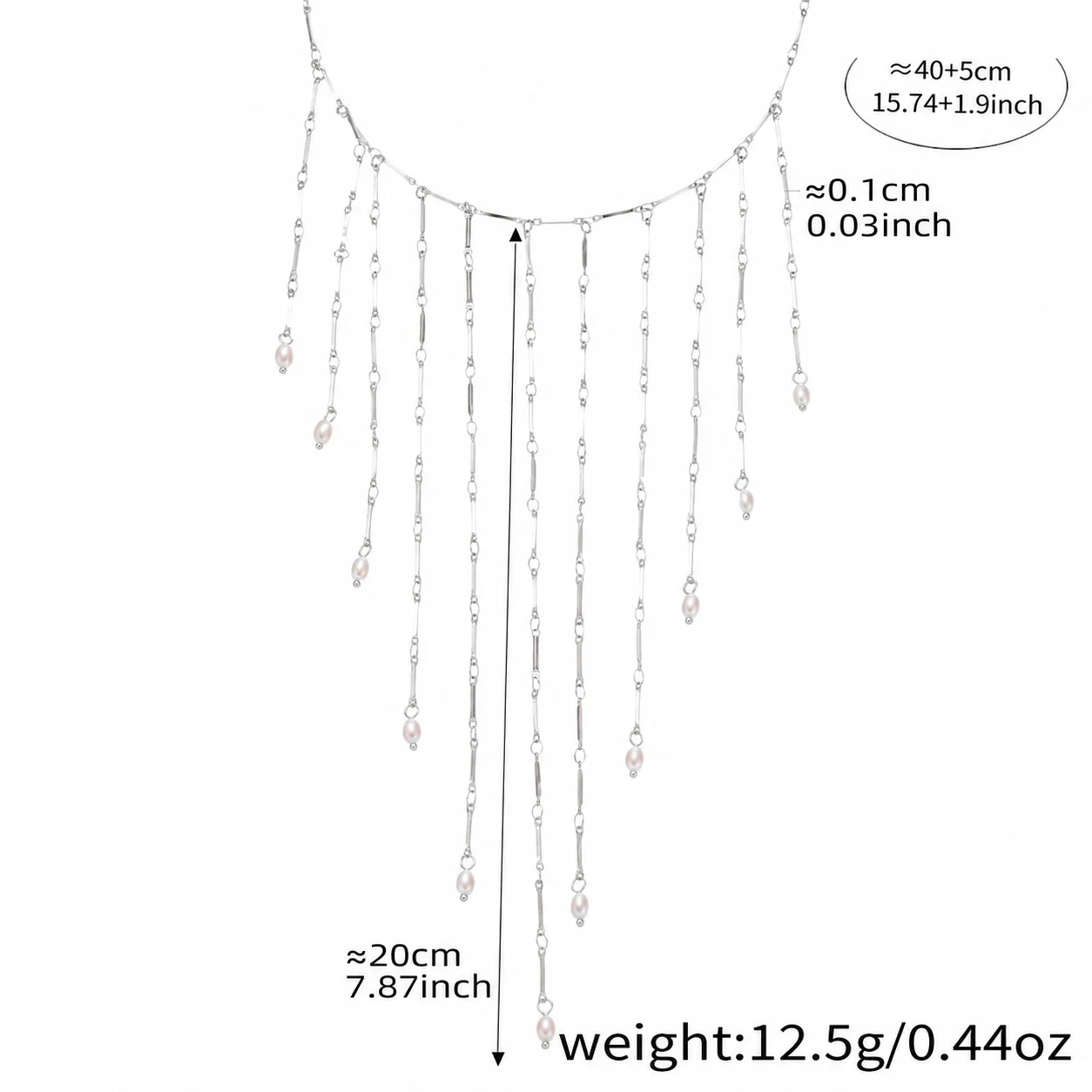 Romantic Stainless Steel Bead-Chain Tassel Fringe Choker - Silver Pearl-Effect